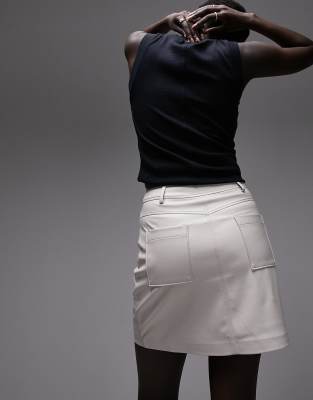 leather look denim styled mini skirt in ecru-Neutral