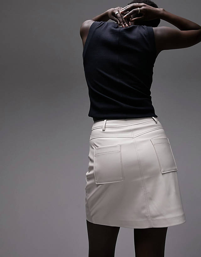 Topshop Tall - leather look denim styled mini skirt in ecru