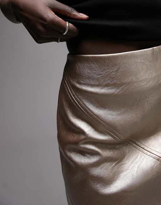 Topshop Tall leather look diagonal seam mini skirt in gold, 4 of 4