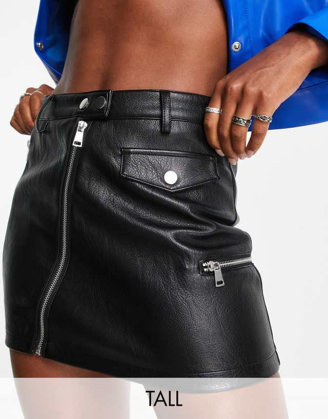 Topshop Tall - leather look low rise zip biker micro mini skirt in black