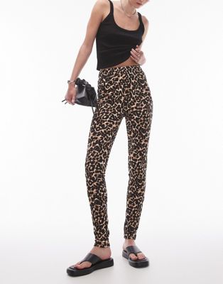 Topshop Tall Leopard Print Leggings In Brown In Black