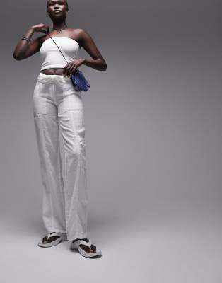 Topshop Tall Linen Tie Waist Mid Rise Straight Leg Pants In White