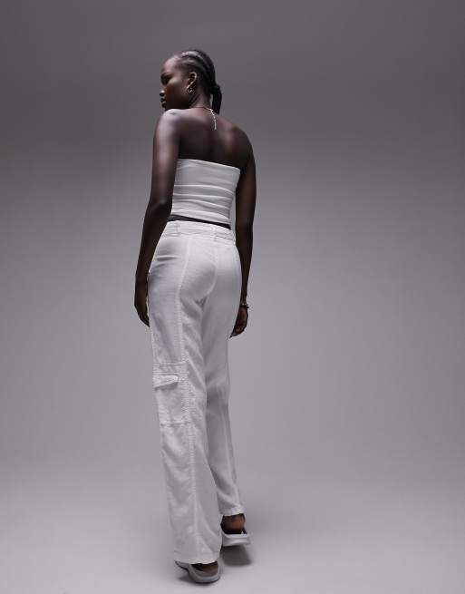 Topshop + Linen Tie Waist Mid Rise Straight Leg Trouser In White