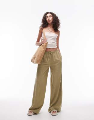 linen tie waist pants in khaki-Green