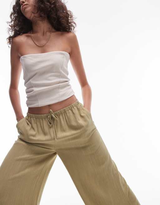 Topshop tall linen tie waist trouser in khaki - KHAKI, 4 of 5