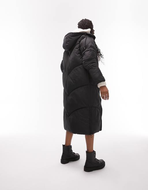 Pieces hooded longline padded coat in black