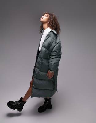 Topshop Tall Longline Puffer Jacket In Forest Green