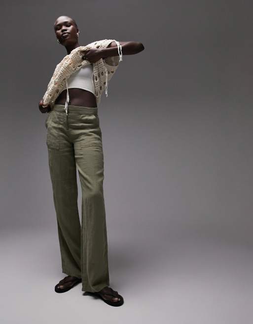 Tall low rise linen cargo straight leg pants in khaki ASOS