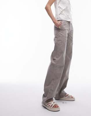 Topshop Tall Low Rise Washed Straight Leg Pants In Taupe-gray