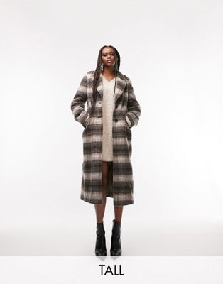 Topshop Tall smart brushed loose check coat in brown  - ASOS Price Checker