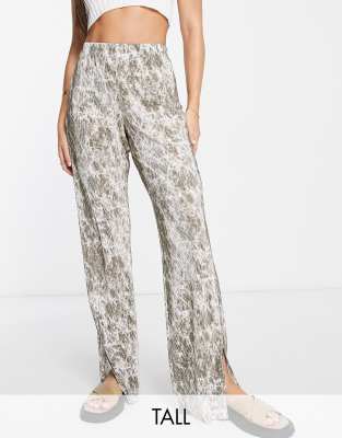Topshop Tall marble straight leg plisse trouser in stone - ASOS Price Checker