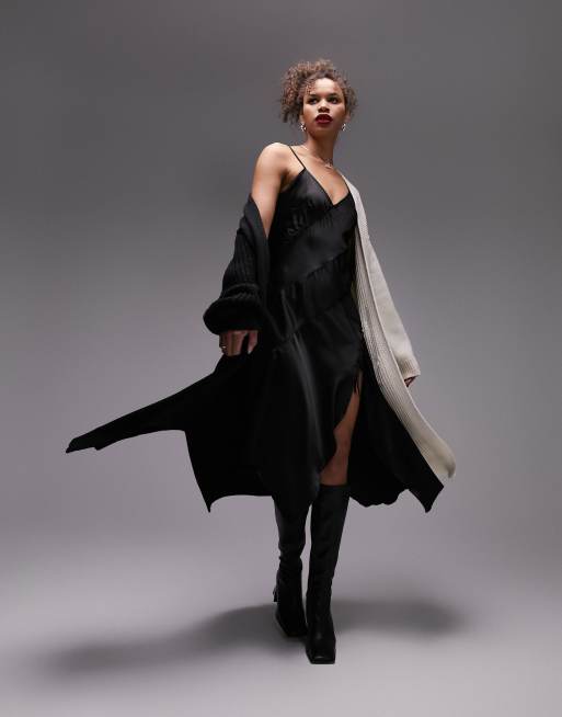 Topshop Tall – Maxi-Strickjacke in Kontrast-Design in Schwarz und Stein