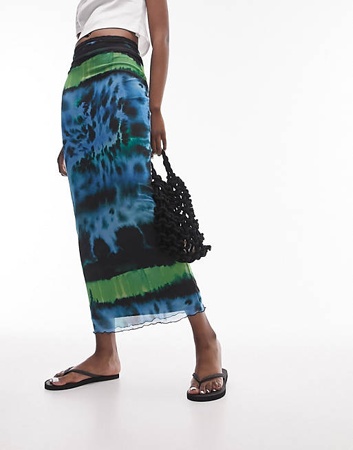 Topshop Tall mesh animal with contrast lime trim midi skirt in multi | ASOS