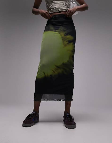 Topshop Tall mesh blurred space print picot trim midi skirt in multi - view 1