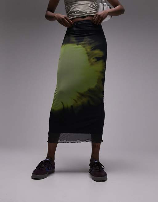 Topshop Tall mesh blurred space print picot trim midi skirt in multi 