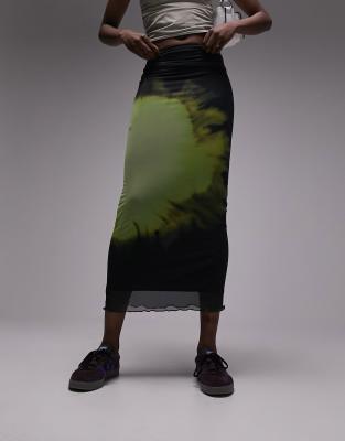 Topshop Tall Mesh Blurred Space Printed Picot Trim Midi Skirt In Multi