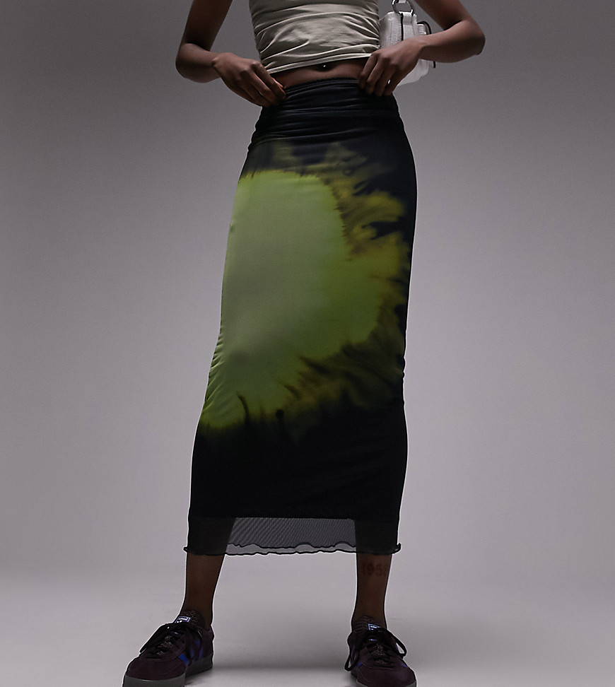 Topshop Tall mesh blurred space printed picot trim midi skirt in multi