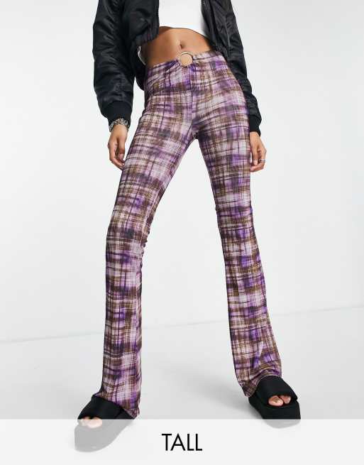 Topshop Tall mesh key hole flared trousers in purple check