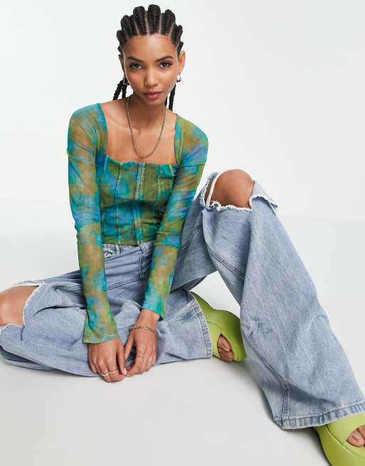 Topshop Tall - Mesh korset met vervaagde bloemen in blauw