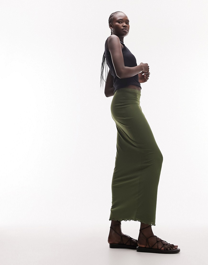 Shop Topshop Tall Mesh Lace Trim Midi Skirt In Khaki-multi