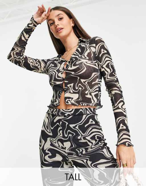 Topshop Tall - Mesh overhemd met wervelprint in beige, deel van co-ord set
