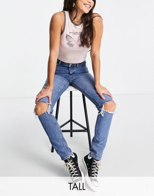Topshop Tall mid blue double rip Mom jeans