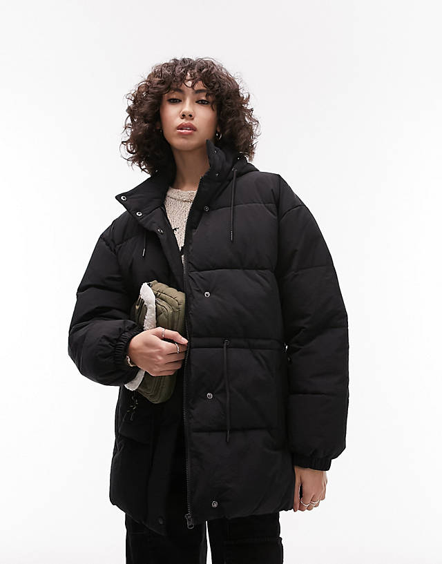 Topshop Tall - mid length tie waist puffer jacket in black