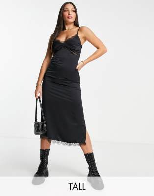 Topshop Tall - Midi-Trägerkleid mit Spitzenbesatz in Schwarz