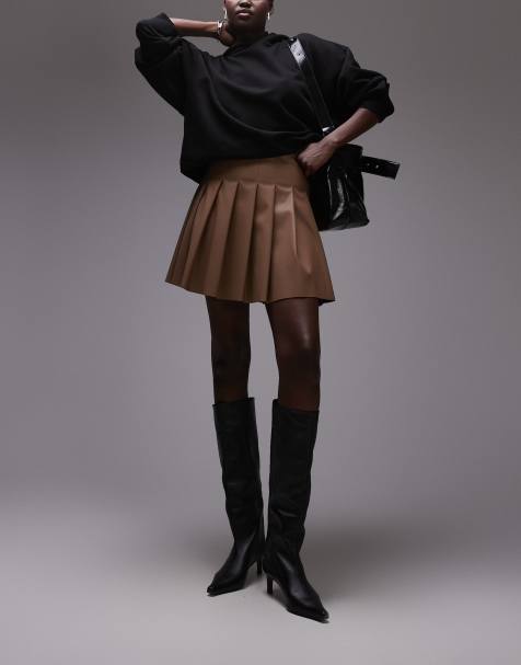 Topshop Tall - Mini-jupe plissée en similicuir - Café - view 1