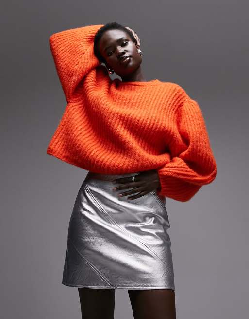 Topshop Tall - Minigonna in pelle sintetica color argento con cuciture in diagonale