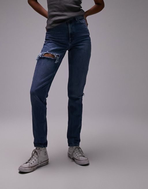 Topshop Tall - Mom jeans blu medio con strappi Brixton
