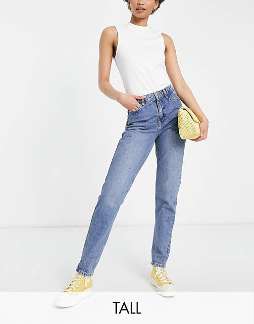Women Topshop Tall Mom jeans in Mid Blue 