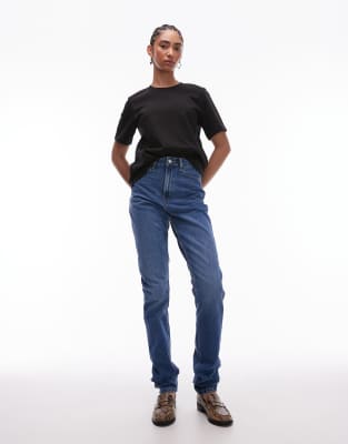 Topshop Tall - Mom-Jeans in Mittelblau mit hohem Bund