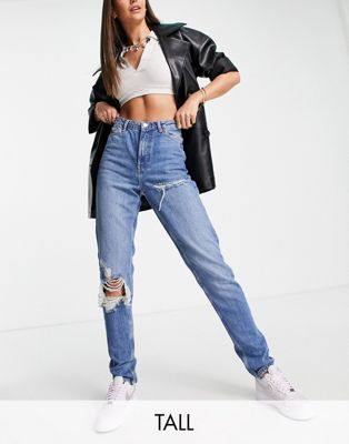 Topshop Tall Mom ripped jean in mid blue - ASOS Price Checker