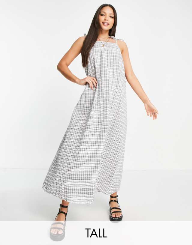 Topshop tall mono check shirred maxi beach dress