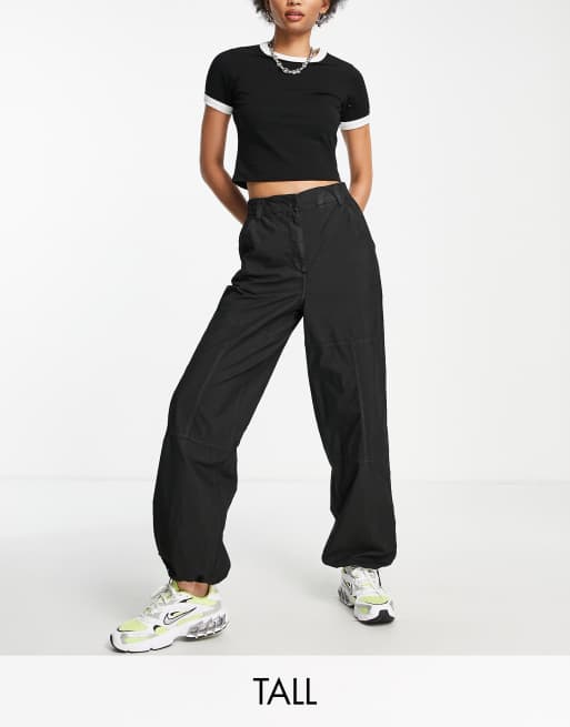 Topshop Tall nylon drawstring cuffed high rise cargo pants in black