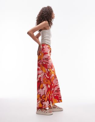 Topshop Tall Orange Floral Print Bias Maxi Skirt In Multi