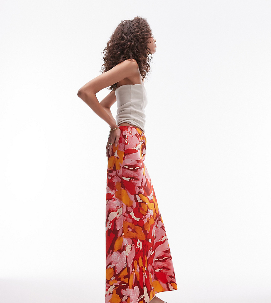 Topshop Tall orange floral print bias maxi skirt in multi
