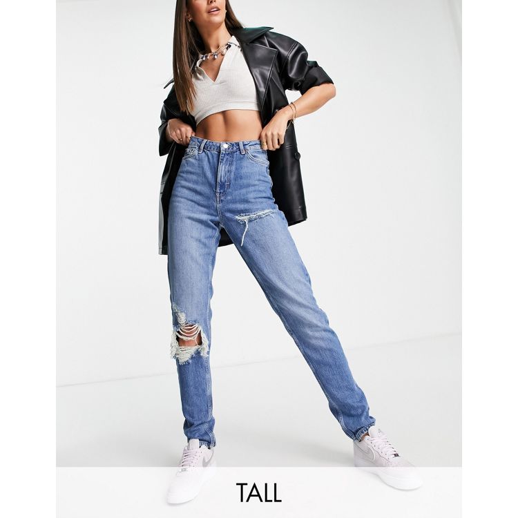 Topshop Tall Original Mom ripped jeans in mid blue - MBLUE