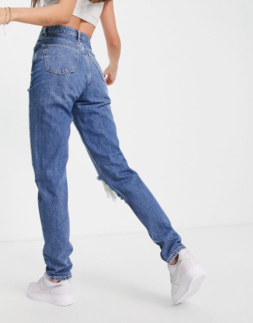 Topshop Tall Original Mom ripped jeans in mid blue - MBLUE