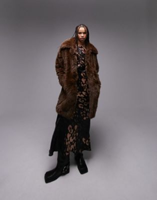 Topshop Tall Oversized Faux Fur Coat In Chocolate-white