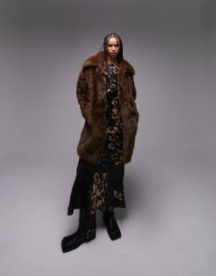 Topshop Tall Oversized Faux Fur Coat In Chocolate-White