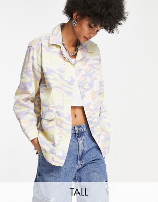 Topshop Tall Oversized Lightweight Shacket In Pastel Camo Print-multi