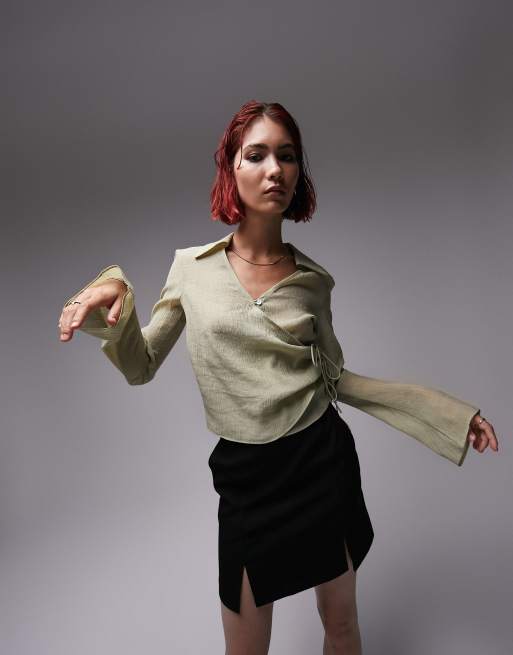 Topshop Tall - Overslagtop met knopen aan de voorkant in kaki