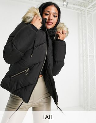 Topshop Tall  padded jacket with faux fur hood in black