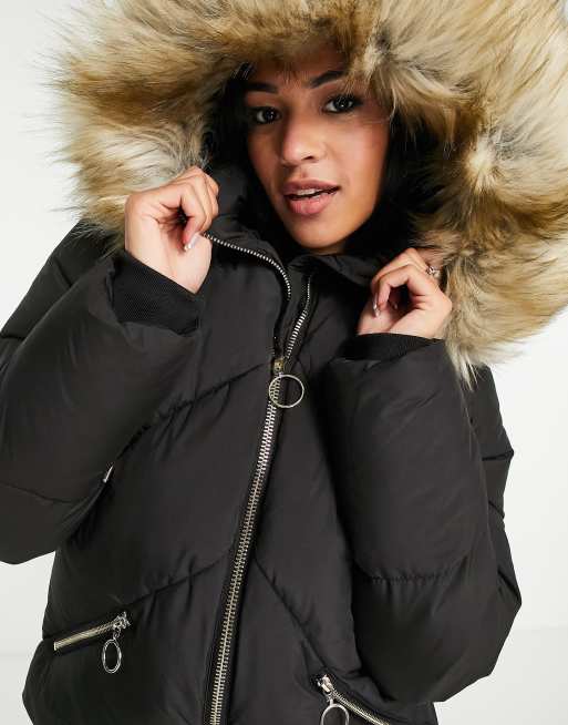 Topshop black 2025 fur hood coat