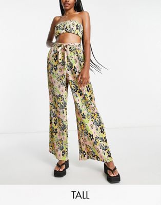 Topshop tall 60's floral plisse wide leg beach trouser in multi - ASOS Price Checker