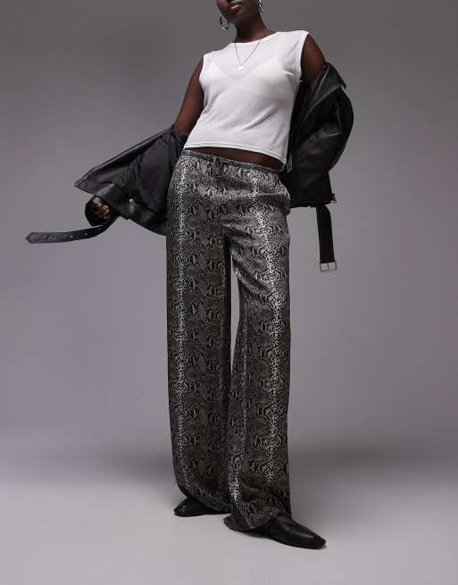 Topshop Tall - Pantalon large en satin à taille nouée - Imprimé serpent