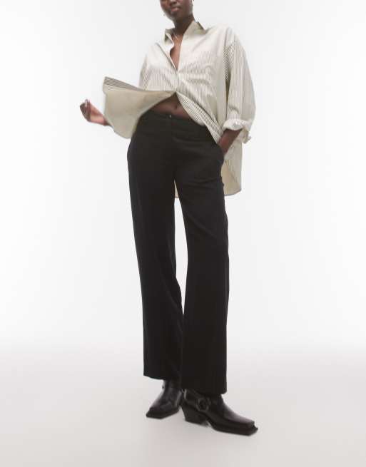 Topshop Tall - Pantaloni in lino neri con vita molto bassa e bottoni