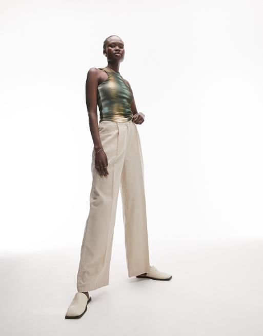 Topshop Tall - Pantaloni in misto lino beige a fondo ampio in